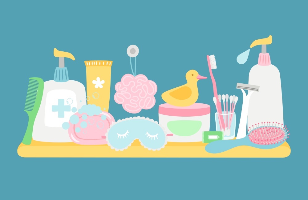 蓝色背景下的浴室卫生配件与化妆品矢量图 零售美学与实用性的融合